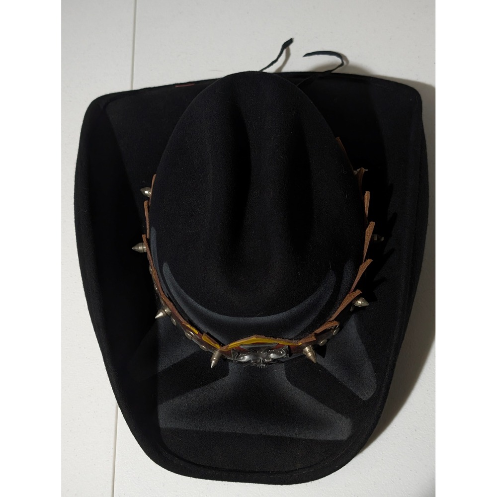 Bullhide Ghost Rider Cowboy Hat Mens M Black Wool Felt Skull Spikes Western - Picture 4 of 13